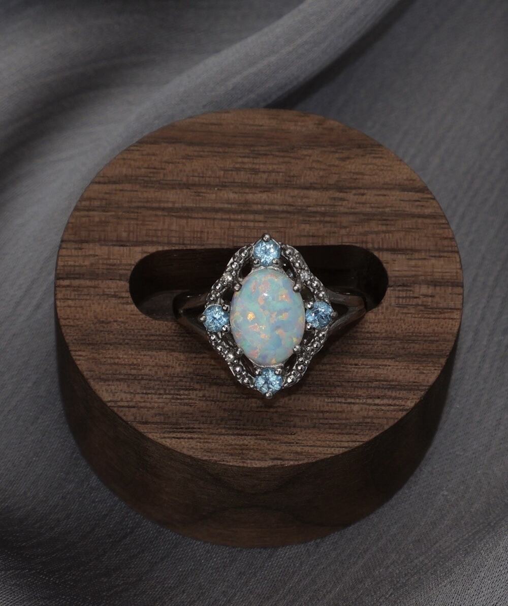 Opal , Blue Topaz & Diamond Sterling Silver Ring 2.91G / Sz 5